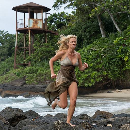 Blonde woman in a beige bikini top and green wrap skirt runs on rocky beach, lush forest and wooden tower in background. Photographic image.