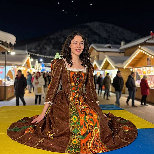 Photograph of a smiling woman with dark curly hair, wearing an elaborate brown and orange embroidered Renaissance-style dress, sitting on a yellow and blue inflatable mat