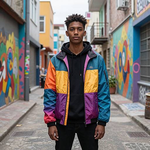 Photograph of a young Black man with short, spiky hair, wearing a colorful, multicolored jacket over a black hoodie, standing in a