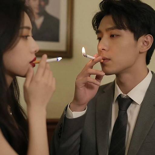 Man and Woman Smoking Cigarettes Indoors