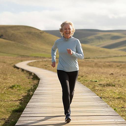 Senior Woman Sprinting in Serene Valley