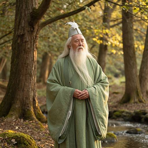 Photograph of an elderly white man with a long white beard, wearing a green robe and silver crown, standing in a sunlit forest, hands clas
