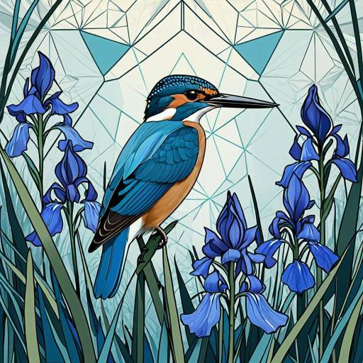Geometric Kingfisher with Bluebells and Iris