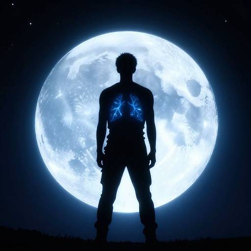 Silhouetted male figure with glowing blue chest emblem stands against a large, luminous full moon in a dark, starry sky. Digital art