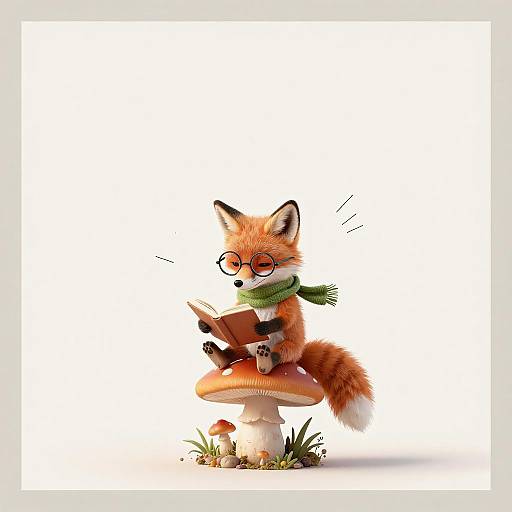 Whimsical Fox Reading on Mushroom