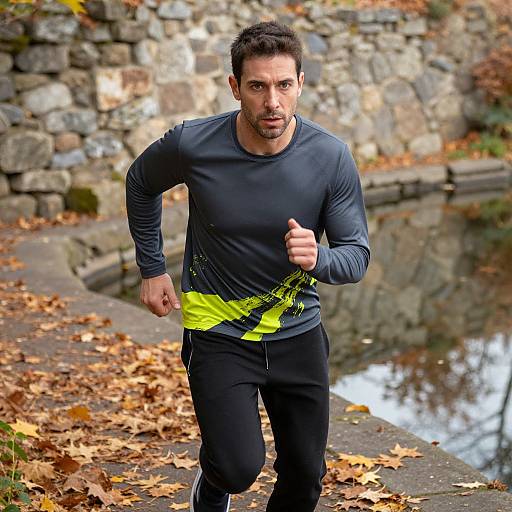 Photograph of a muscular, dark-haired man in a black long-sleeve shirt with yellow accents, jogging on a leaf-covered path beside a stone