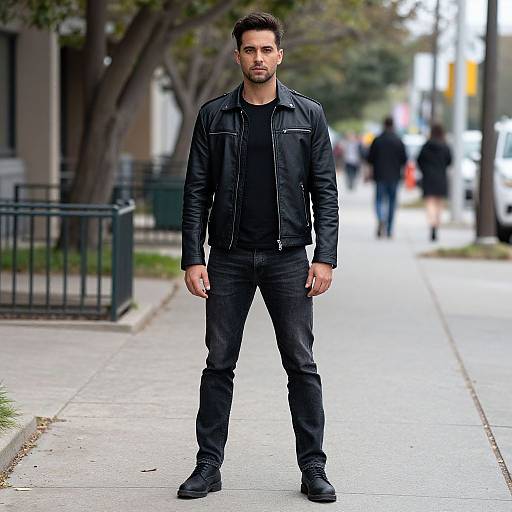 Photograph of a handsome, dark-haired man in a black leather jacket, black shirt, jeans, and boots, standing confidently on a city sidewalk with