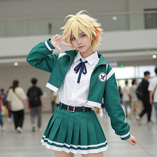 Photograph of a young anime cosplayer with blonde hair, green jacket, white shirt, and green pleated skirt, posing indoors. Background: blurred