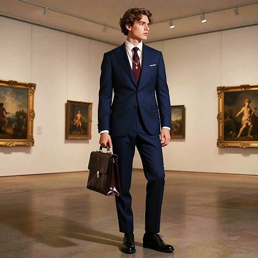 Photograph of a young man with curly brown hair, wearing a dark blue suit, white shirt, red tie, holding a brown leather briefcase,