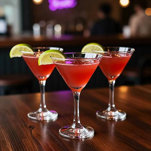Photograph of three vibrant red cocktails with lime wedges in martini glasses on a wooden bar counter, blurred bar background with purple lighting.