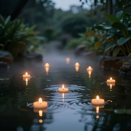 Photograph of a serene, dark-lit pond at dusk, with eight glowing candles floating on the water, surrounded by mist and lush greenery.
