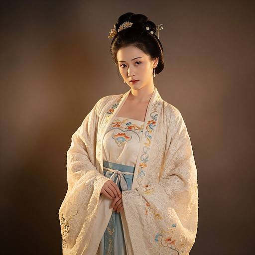 Photograph of a young Asian woman in traditional Japanese kimono with intricate floral embroidery, blue sash, and ornate hairpins, against a dark