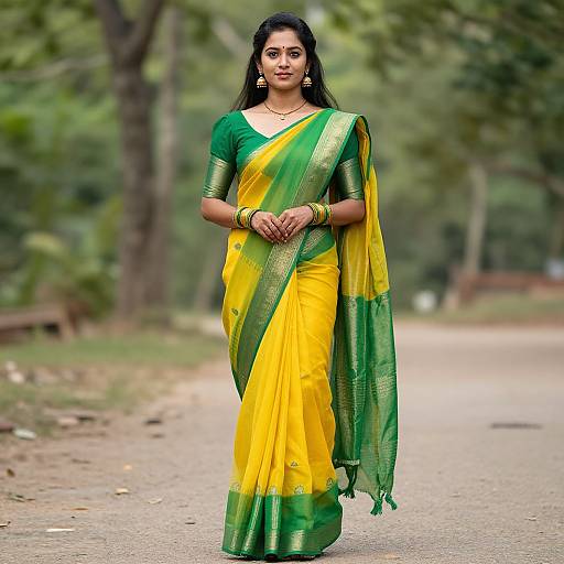 Photograph of a confident Indian woman in a bright yellow and green saree, standing on a tree-lined path, wearing gold jewelry and bangles,