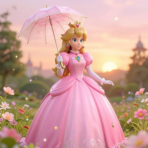 Digital illustration of Princess Peach in a pink gown, holding a lace parasol, standing in a sunlit, flower-filled meadow.