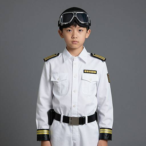 Photograph of an Asian boy in a white naval uniform with black epaulettes, black belt, and goggles on his head, standing against a