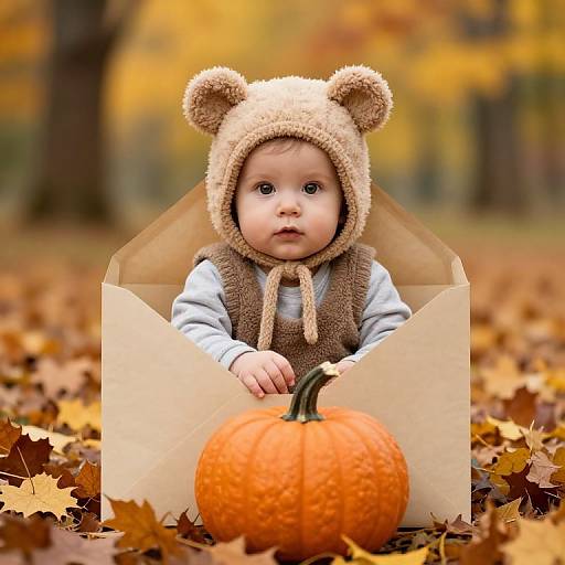 Baby in Cozy Bear Hat on Pumpkin
