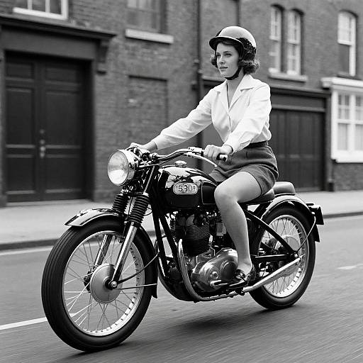 Black-and-white photograph of a confident woman in a white blouse and black shorts riding a vintage motorcycle on a city street.