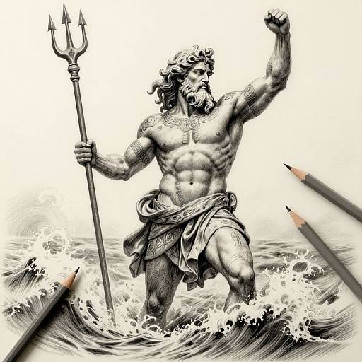 Black and white ink drawing of a muscular, bearded Neptune holding a trident, rising from ocean waves with pencils in foreground.