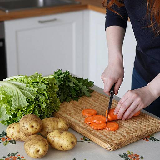 Chopping Carrots in a Floral Kitchen