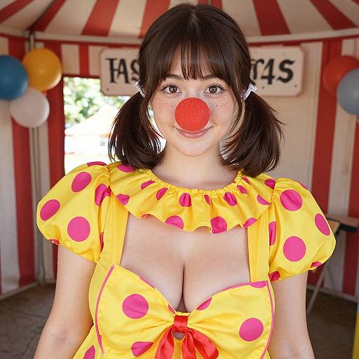 Photograph of a fair-skinned woman with black pigtails, red nose, and yellow polka-dot dress with cleavage, standing in a