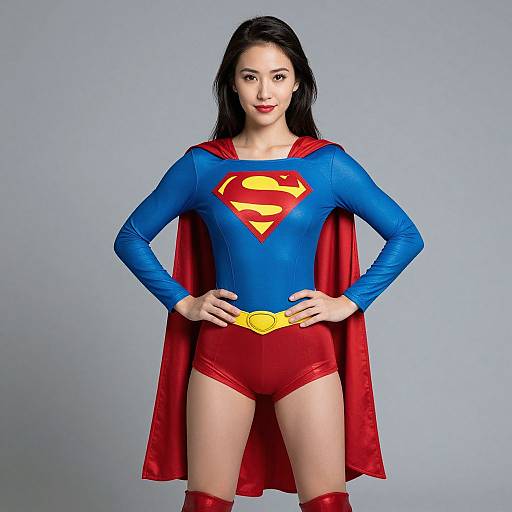 Photograph of an Asian woman with long black hair, wearing a blue Supergirl costume with red cape, red briefs, and yellow belt,