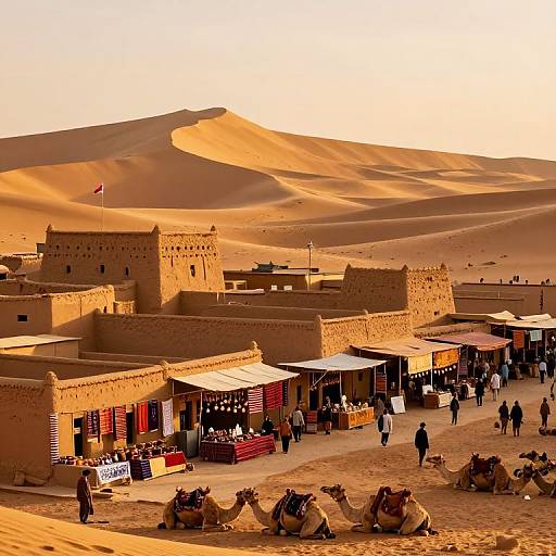 Photograph of a bustling desert oasis market in a golden, sunlit landscape with camel rides, traditional adobe buildings, and sand dunes in the