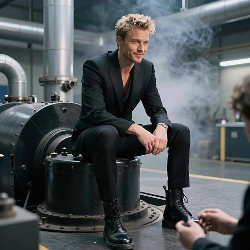 Blonde Man in Suit on Industrial Machine