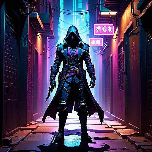 Stealthy Assassin in Neon Alley