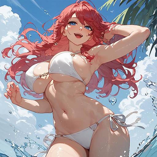 Anime Girl in White Bikini on Beach