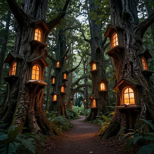Photograph of a magical forest with tall, twisted trees housing glowing, amber-lit wooden houses along a winding dirt path.