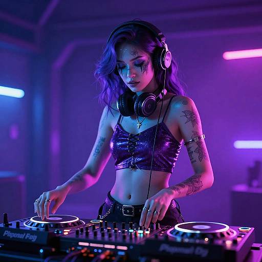 Photograph of a tattooed, purple-haired DJ woman in a shiny black crop top and headphones, mixing music under blue and pink neon lights.