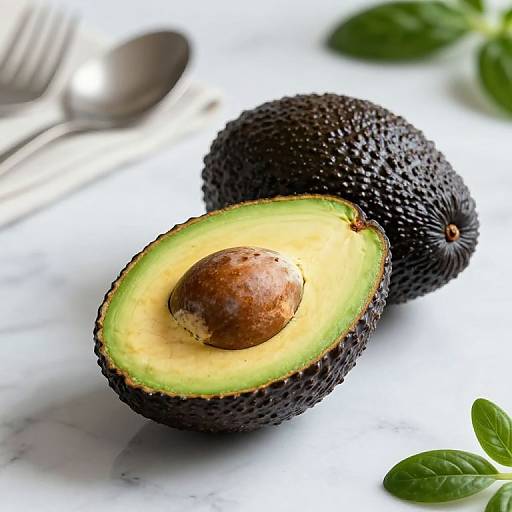 Photograph of two whole black avocados, one halved with a brown pit and green flesh, on a white marble surface, with silver utens