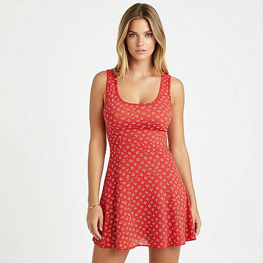 Photograph of a blonde woman with medium build, wearing a red, sleeveless, floral-patterned dress, standing against a white background.