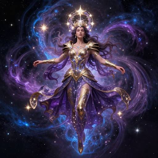 Digital art of a celestial goddess with long purple hair, glowing gold armor, and a star halo, floating in a cosmic background with swirling purple and blue