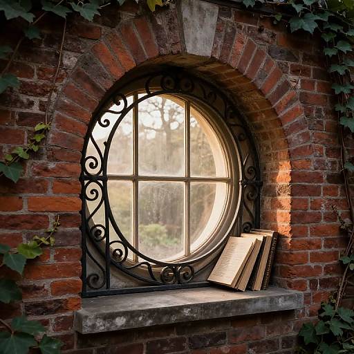 Photograph of a round, iron-framed window in a red brick wall with ivy, featuring three open books on the ledge.