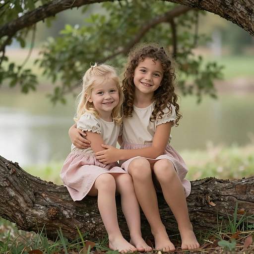 Two Young Girls Sitting Under Tree