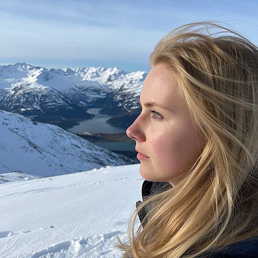 Photograph of a blonde woman with fair skin and blue eyes gazing at snow-covered mountains under a clear blue sky.