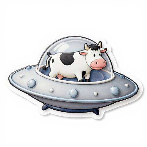Cartoon-style drawing of a black-and-white cow in a silver, dome-topped flying saucer with blue circular details, floating against a white background