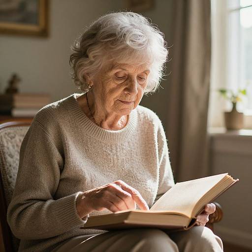 Photograph of an elderly woman with short white hair, wearing a beige knit sweater, reading a book in a sunlit room.
