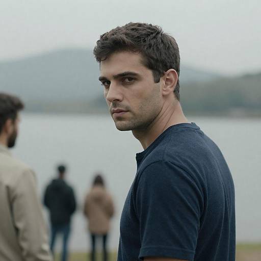 Photograph of a serious, handsome man with short dark hair in a black shirt, standing by a lake with blurred people and mountains in the background.