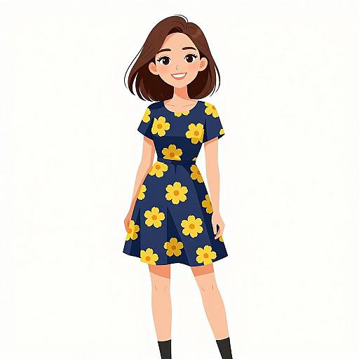 Digital illustration of a smiling young woman with brown hair, wearing a navy blue dress with large yellow floral patterns, short sleeves, and black socks, against