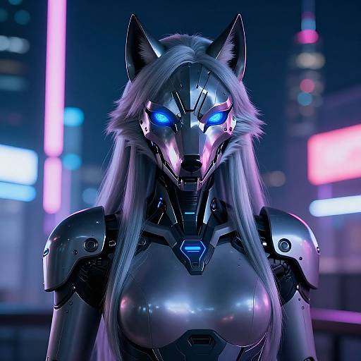 Digital art of a futuristic, metallic, wolf-headed female robot with glowing blue eyes, long white hair, and large, armored breasts, set against a