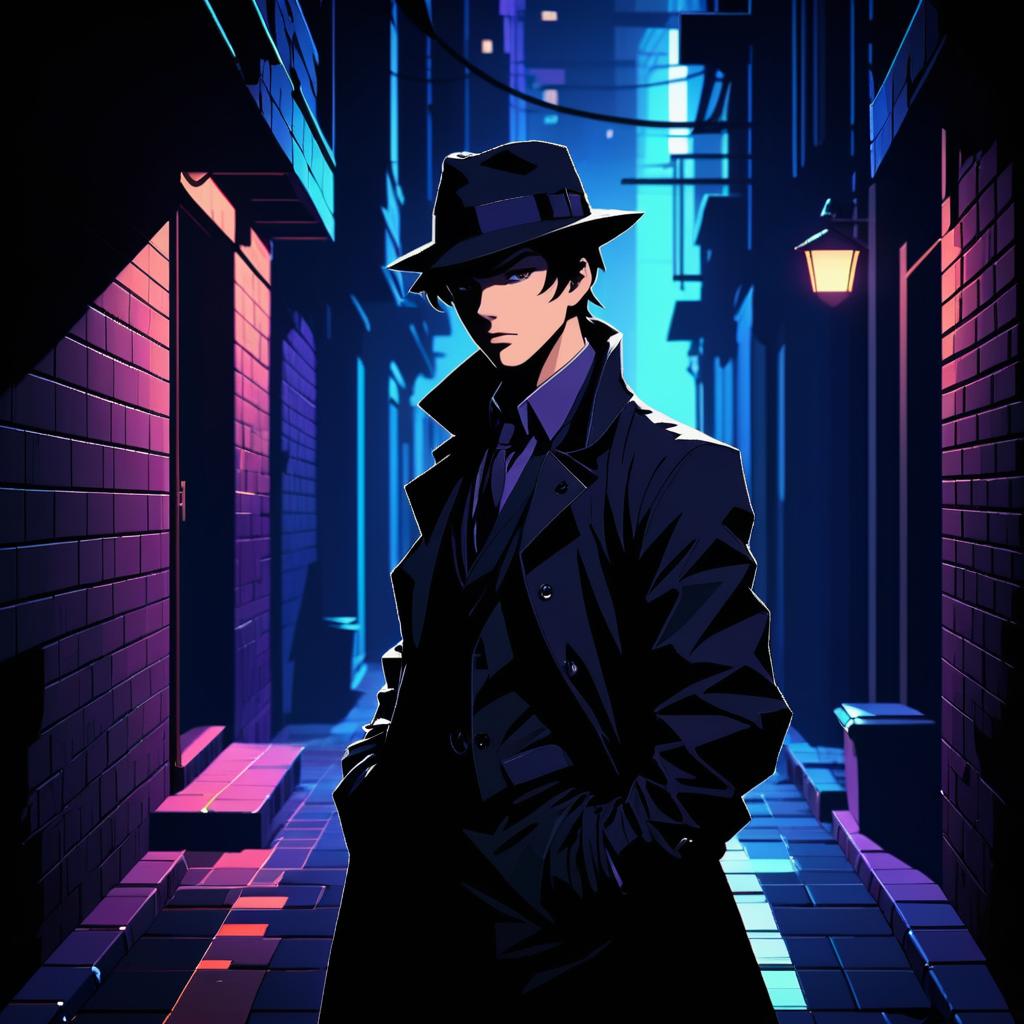 Pixelated Noir Detective in Dark Alley