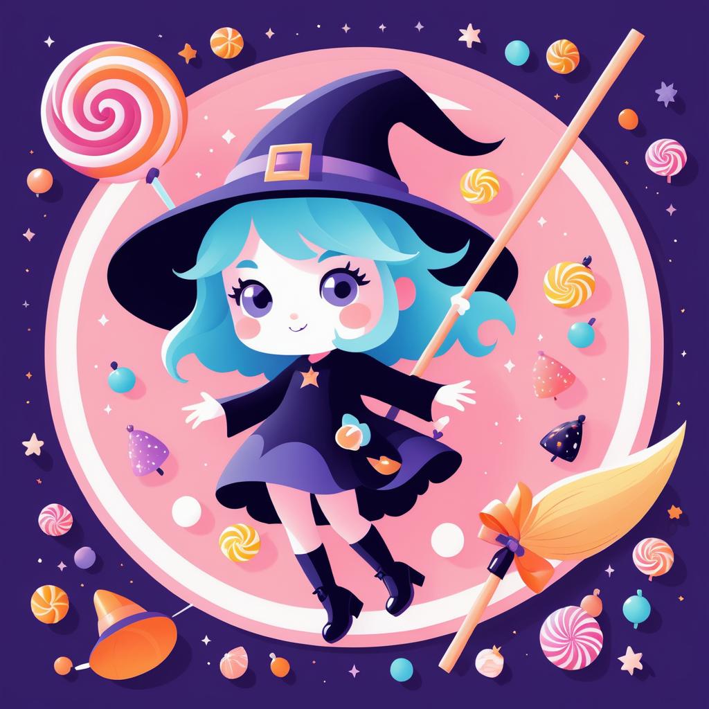 Adorable Kawaii Witch on a Broomstick