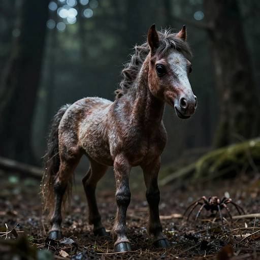 Photograph of a small, shaggy brown foal with a white blaze, standing in a dark, misty forest with blurred tree trunks