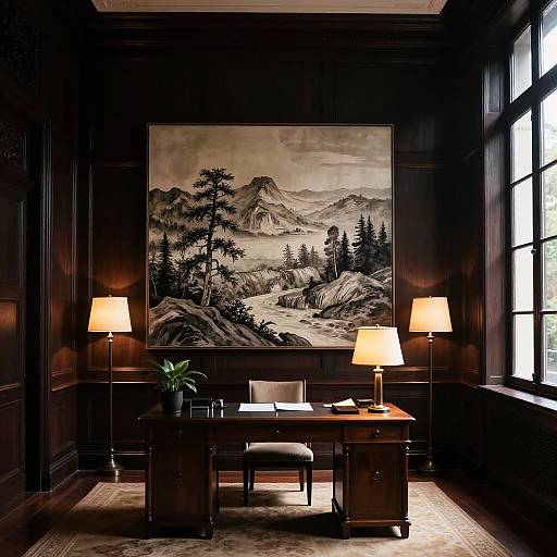 Dimly Lit Elegant Study with Painting