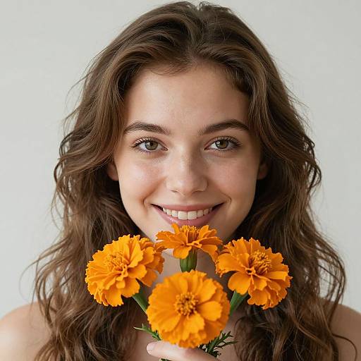 Photograph of a smiling young woman with wavy brown hair, holding a bouquet of vibrant orange marigolds, against a plain white background.