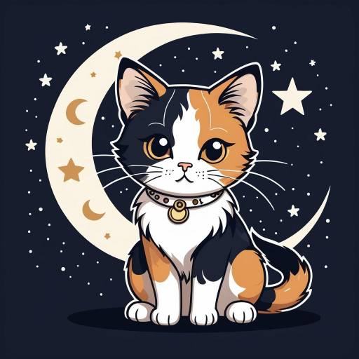 Chibi Calico Cat with Crescent Moon
