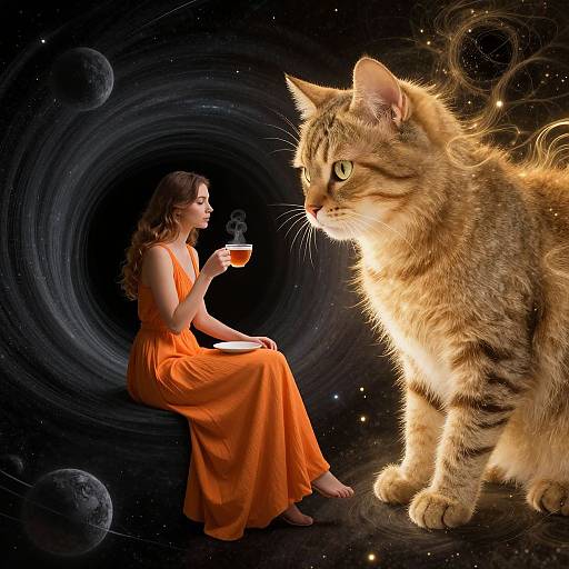 Digital artwork of a woman in an orange dress sipping tea, facing a large, glowing tabby cat in a cosmic, black space with planets.