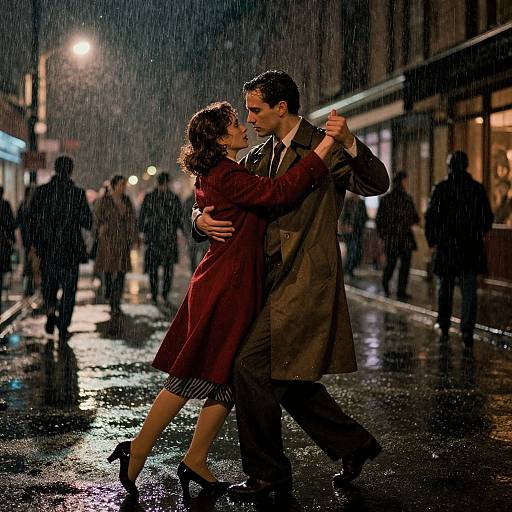 Photograph of a romantic dance couple in 1940s-style clothing, sharing an intimate moment on a rain-soaked, neon-lit city street